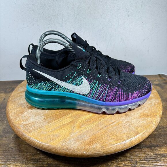 Nike Flyknit Air Max Black Purple Venom‎ 620659-001 Shoes Womens Size 8.5 - Picture 1 of 8
